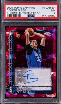 Cooper Flagg 2025-26 Topps Chrome Sapphire Edition Chrome Autographs Rookies Padparadscha #TCAR-CF Cooper Flagg Signed Rookie Card (#1/1) - PSA NM 7 card from Card Ladder