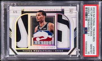 Victor Wembanyama 2023-24 Panini National Treasures Highly Treasured #HT-WEM Victor Wembanyama Patch Rookie Card (#1/1) - Jersey Number - PSA GEM MT 10 card from Card Ladder
