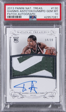 Giannis Antetokounmpo 2013/14 "National Treasures" #130 Giannis Antetokounmpo Signed Patch Rookie Card (#54/99) – PSA GEM MT 10 "1 of 3!" card from Card Ladder