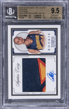 Steph Curry 2009/10 Panini National Treasures "Century Platinum" #206 Stephen Curry Signed Patch Rookie Card (#3/5) – BGS GEM MT 9.5/BGS 10 card from Card Ladder