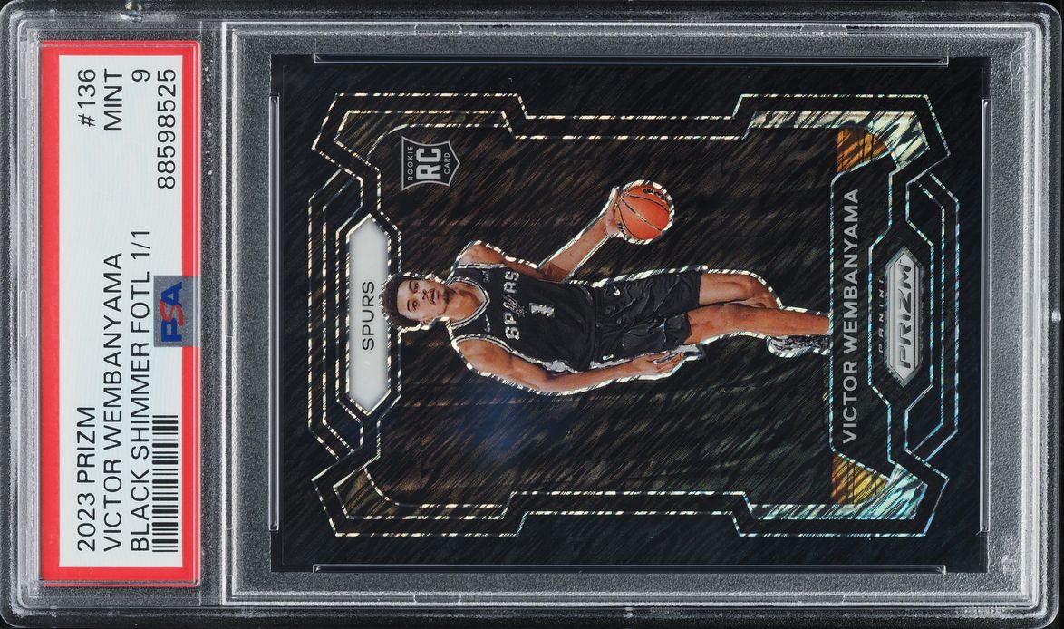 Victor Wembanyama 2023 Panini Prizm Black Shimmer FOTL Victor Wembanyama ROOKIE 1/1 #136 PSA 9 card from Card Ladder