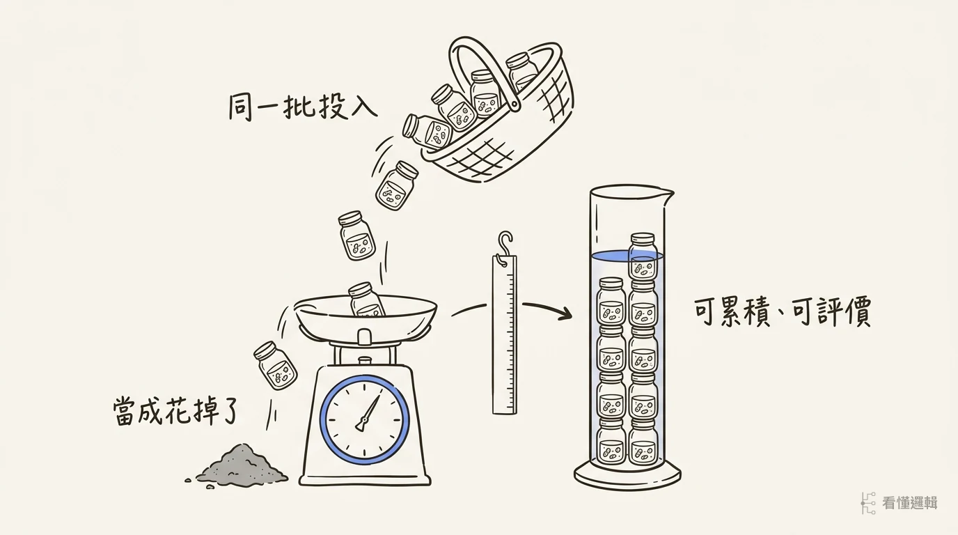 同一批菌罐倒進兩種不同的計量方式：一邊漏成灰堆，一邊層層堆高