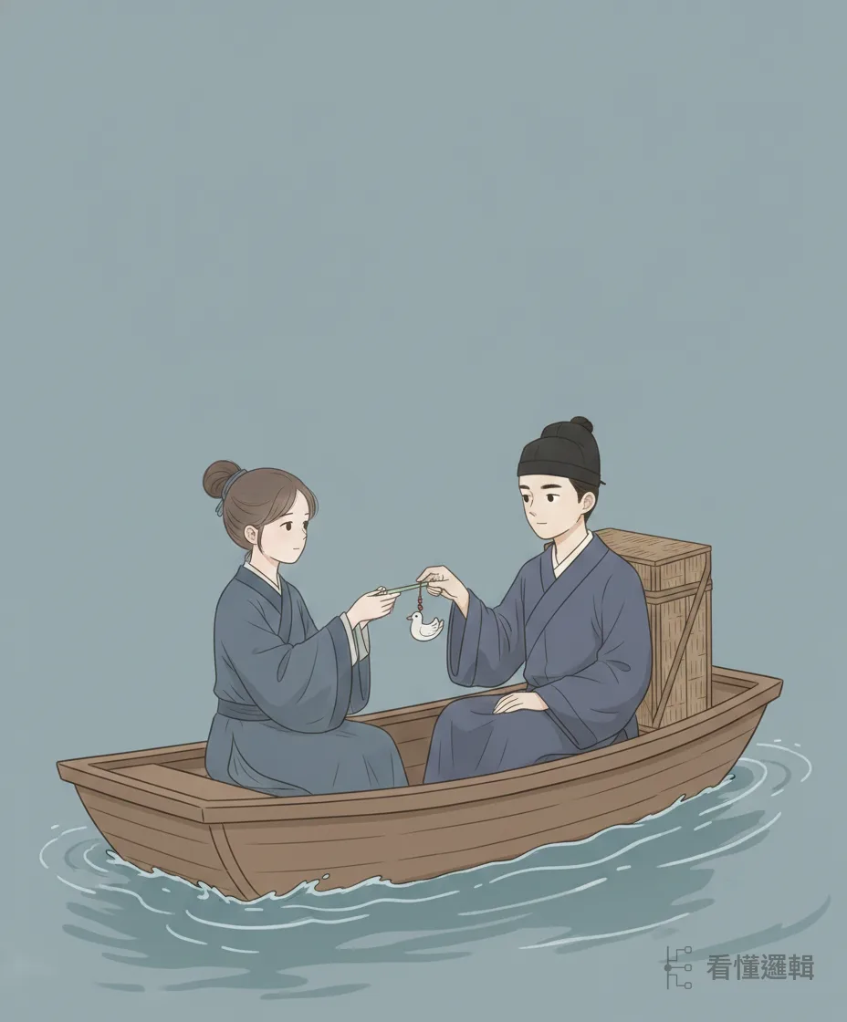 妙常急雇小舟追到江心，取下玉簪相贈；潘必正解下白玉鴛鴦扇墜回贈——一來一往，把心意定了下來。