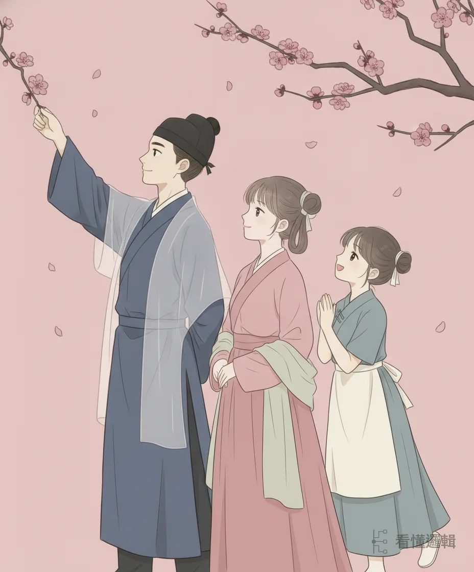 他日日陪著小姐黃玉娘和丫環翠樓，一起賞梅、做針線，三人朝夕相處，漸漸生出情意。低谷裡，也有人陪你把日子過暖。