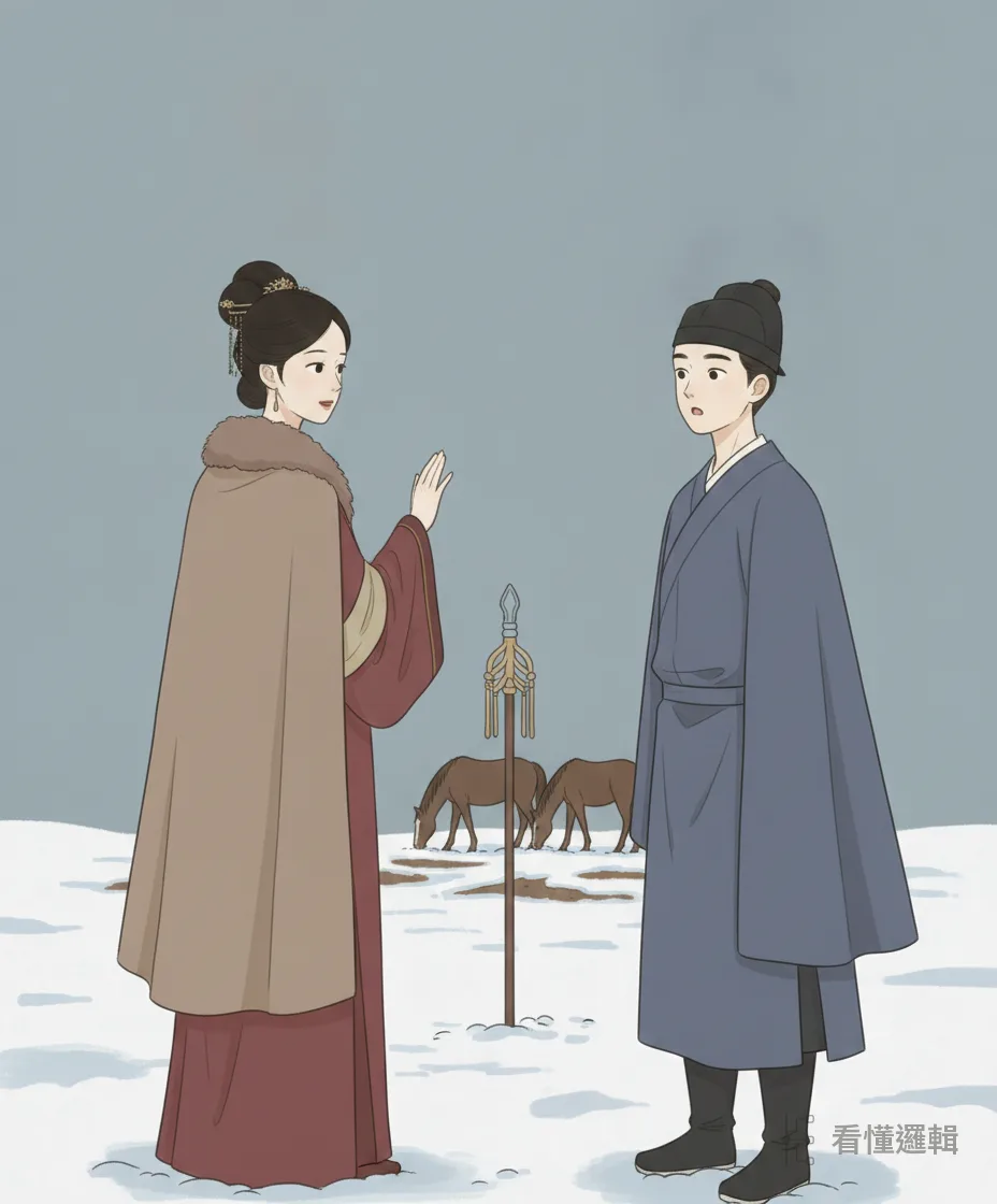 後來公主私下來訪，才道出實情：這是保他性命的權宜之計，要他忍辱負重。原來她本是遼人，精通漢史、文武兼備——宋、金兩邊僵持不下，稍一衝動，兩方都要蒙受損失，退守反而是當下最穩的一步。