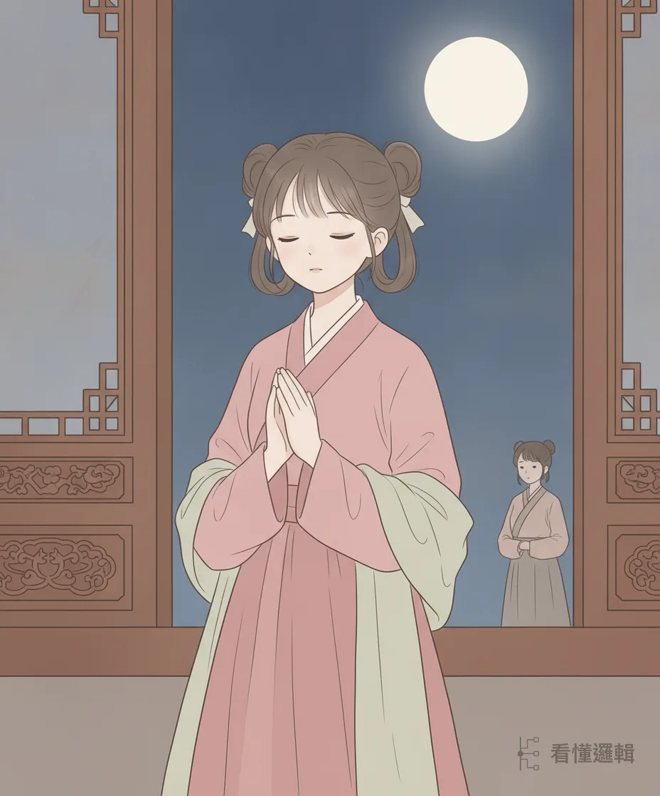 益春替她出主意：放寬心，對著月亮誠心祈願，盼與陳三再相逢。五娘依言靜坐、把心慢慢放平——先穩住自己，是等轉機最要緊的一步。