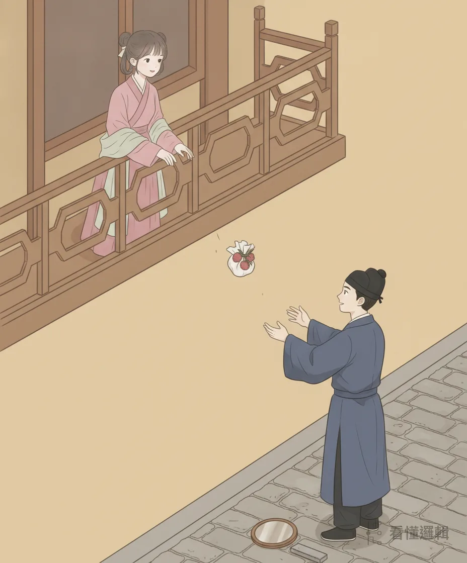 誠心果然應驗——五月中旬，陳三再度路過樓下。五娘以手帕包了荔枝自樓上拋下作信物，陳三會意，索性扮成磨鏡的工匠，藉替她家修整寶鏡留下來，一步步親近。等來的，正是願意成全這段情緣的轉機。