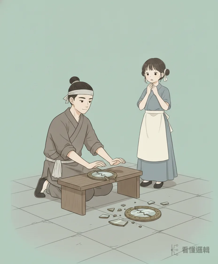 為了留在五娘身邊，陳三喬裝成磨鏡匠登門，故意失手打破黃家寶鏡，再以賣身為僕作抵，名正言順住進黃家。