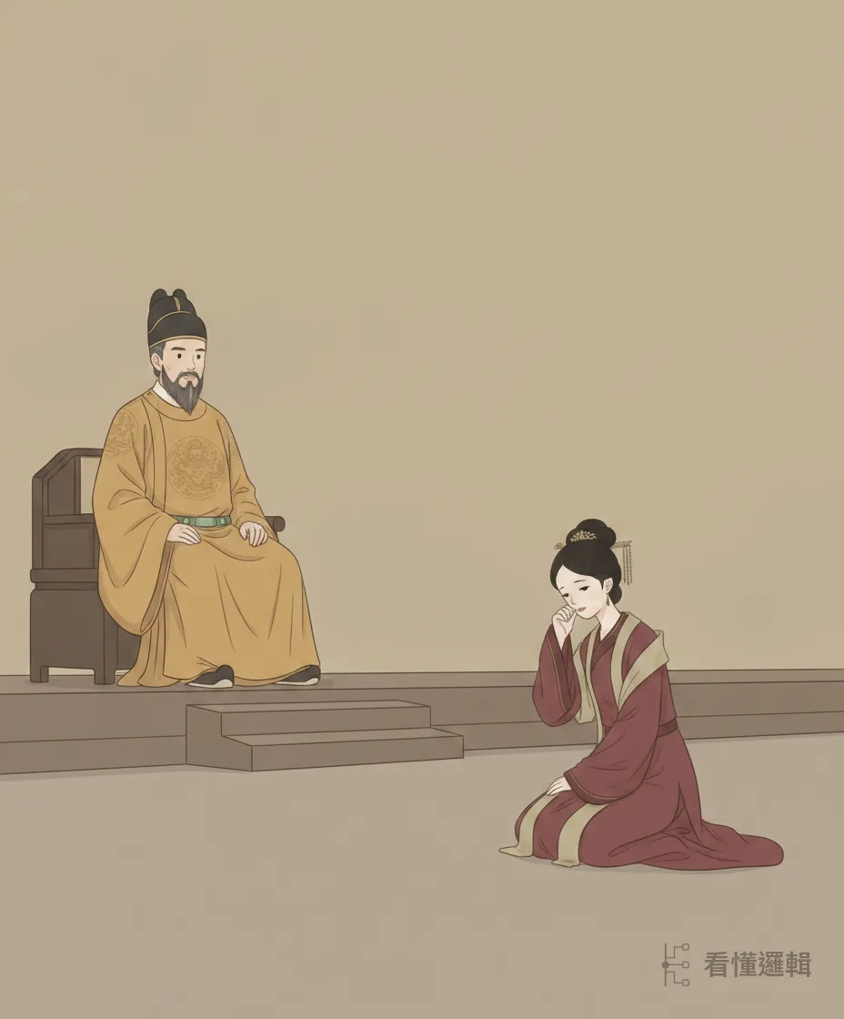 公主含淚回宮，向父親唐代宗訴說委屈。