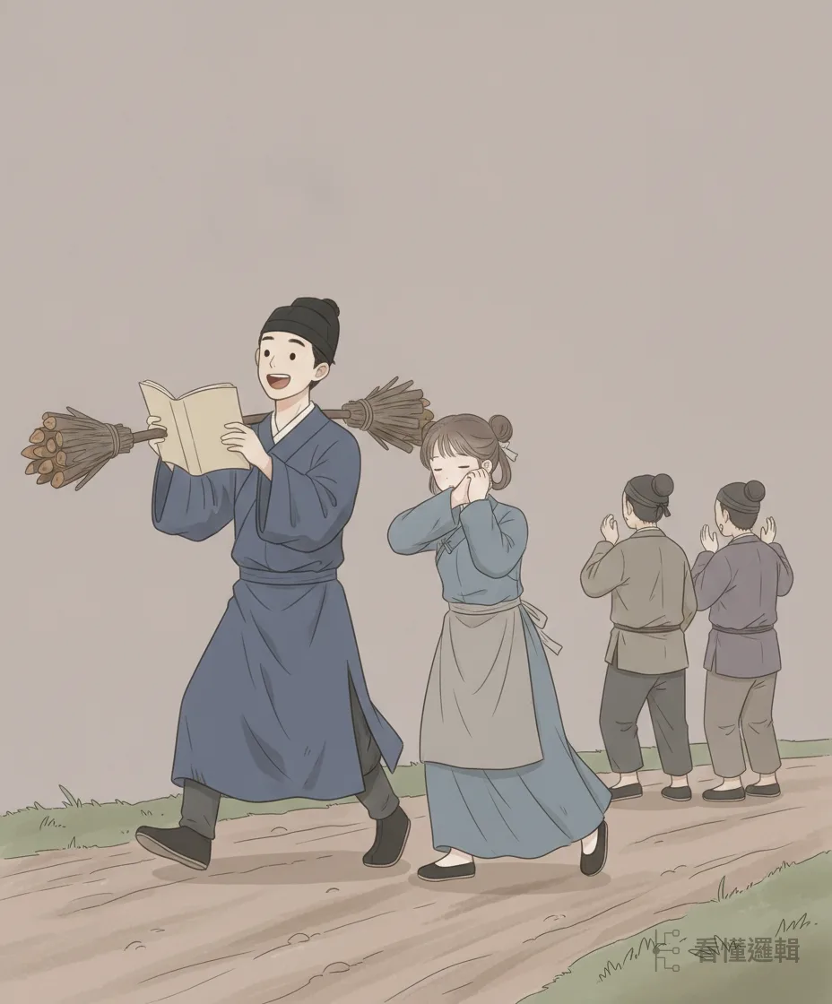他揹柴趕路總愛高聲誦書，越勸讀得越響。妻子嫌惹人笑話，走在旁邊只覺難堪——這條路，她漸漸走不下去了。