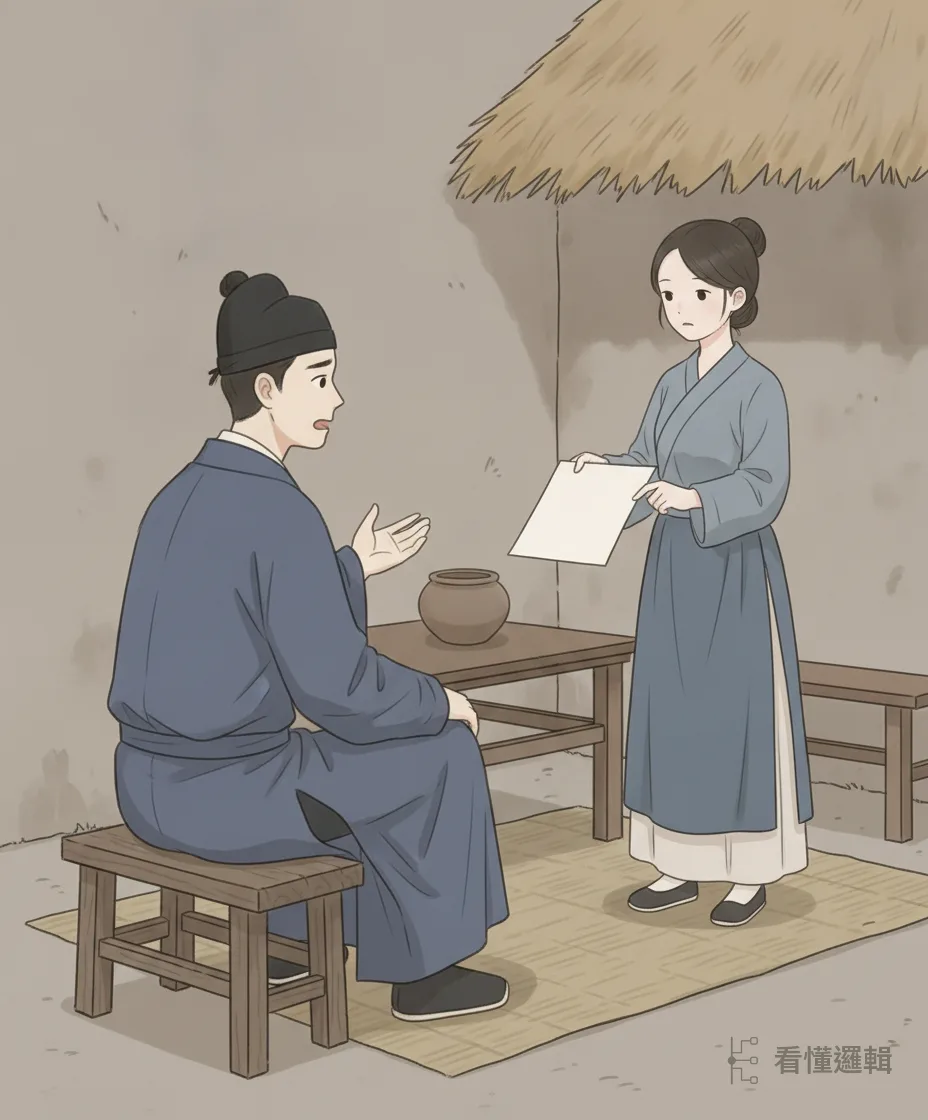 日子熬得久了，妻子終於開口，要他寫下休書。粗茶淡飯的屋裡，兩個人一時都沒有話。