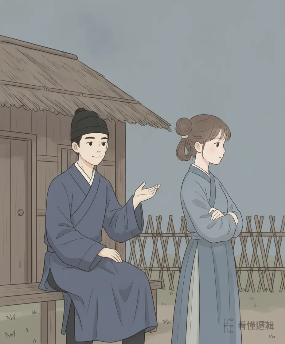他笑著挽留：我五十歲就會發跡，如今四十出頭，再等幾年，定當好好報答你。妻子卻搖頭，執意要走。