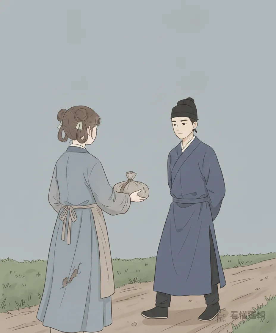 三娘把僅有的行囊交到丈夫手裡，送他從軍。這一去，是為了兩人往後的日子。