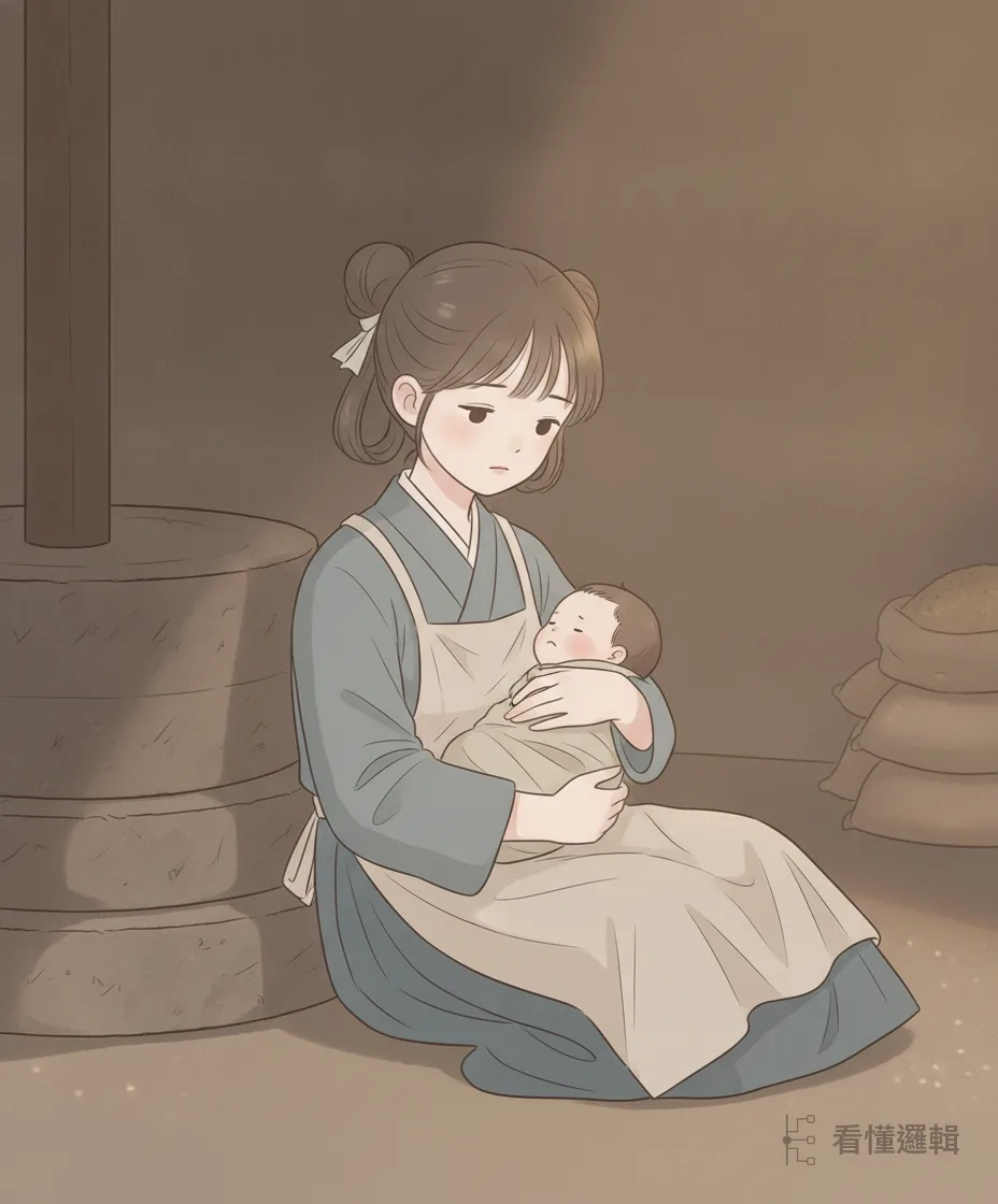不久，三娘因勞苦過度，在磨房中產下一子。孤身一人，她把孩子輕輕摟在懷裡。