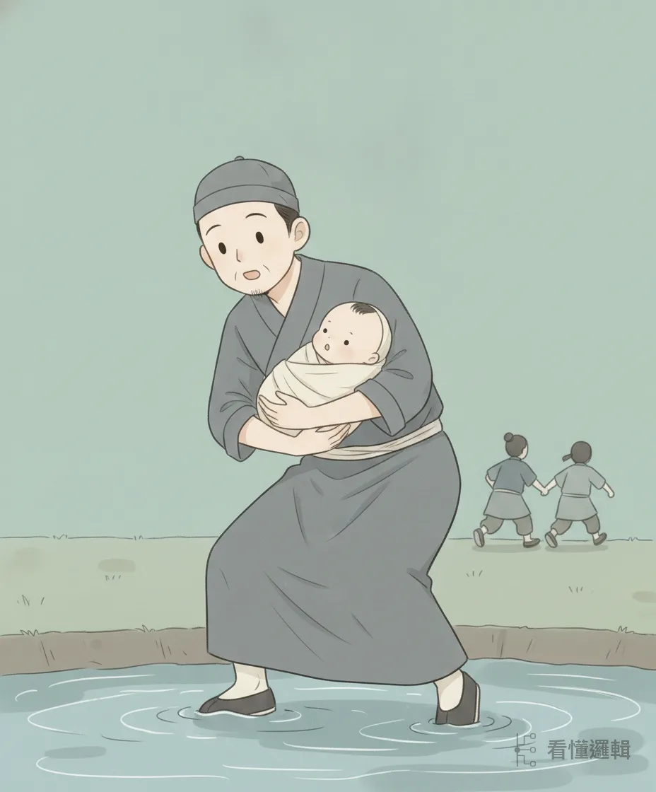 嬰兒一度遇險，幸得家中老僕及時把孩子救起、安穩抱住。孩子平安無事。