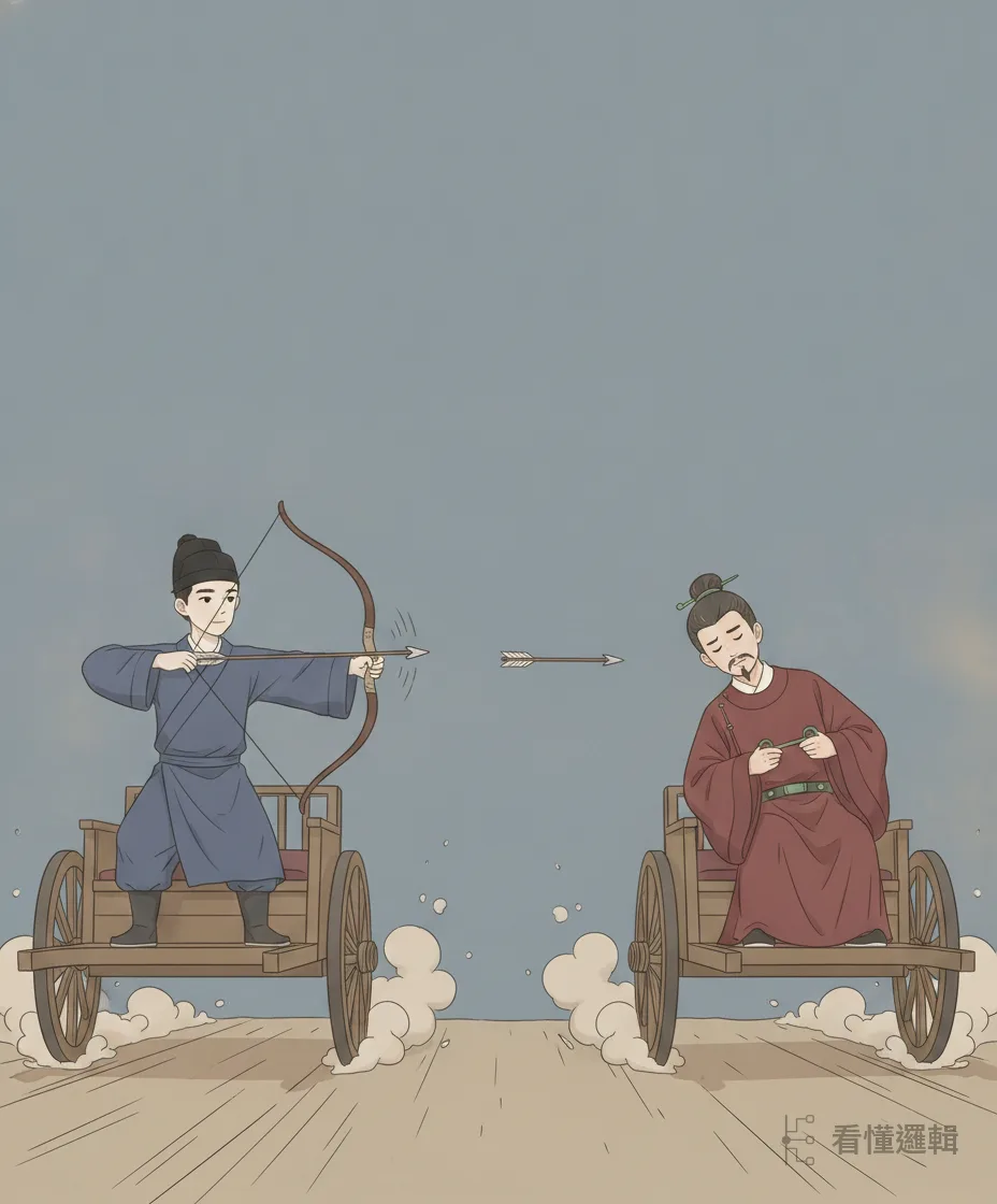 兩位公子分頭趕回國中爭位。半路相遇，管仲搭弓一箭射向小白——箭只中了腰帶的金屬帶鉤，小白靈機一動，順勢裝死倒下。