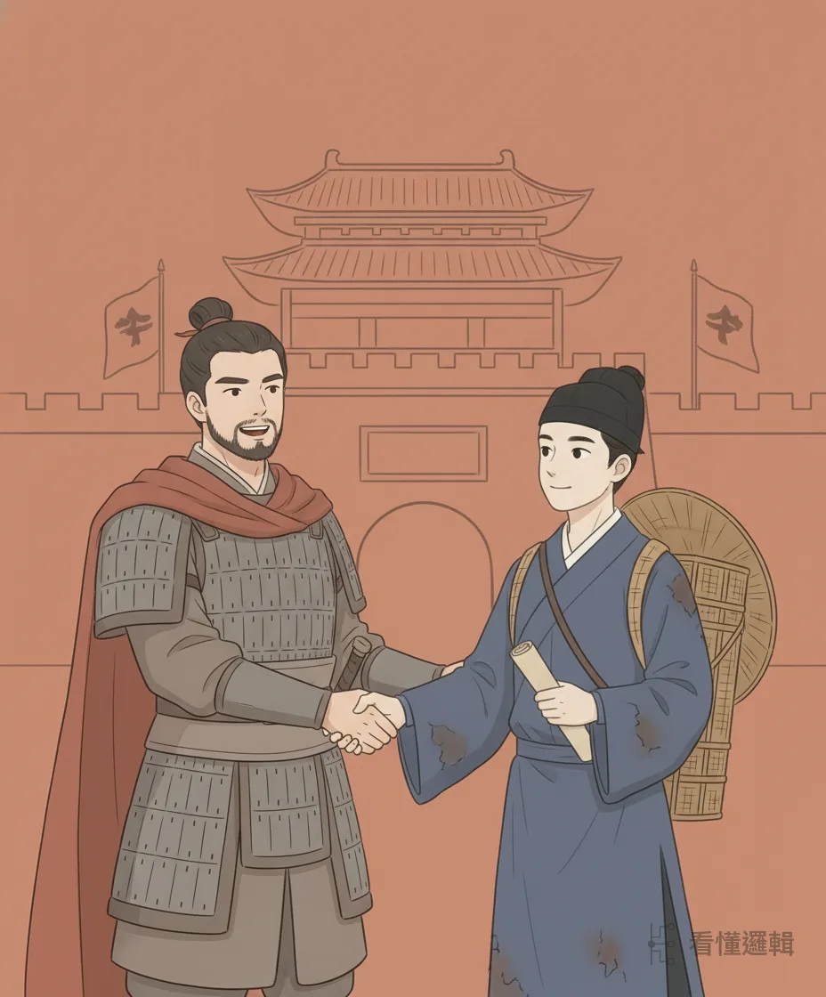 學成之後，龐涓當上魏國將軍，自知本事不如孫臏，先修書一封請他來共事。孫臏風塵僕僕趕到，龐涓握手言歡、熱情相迎——只是這份熱絡，藏著別的心思。