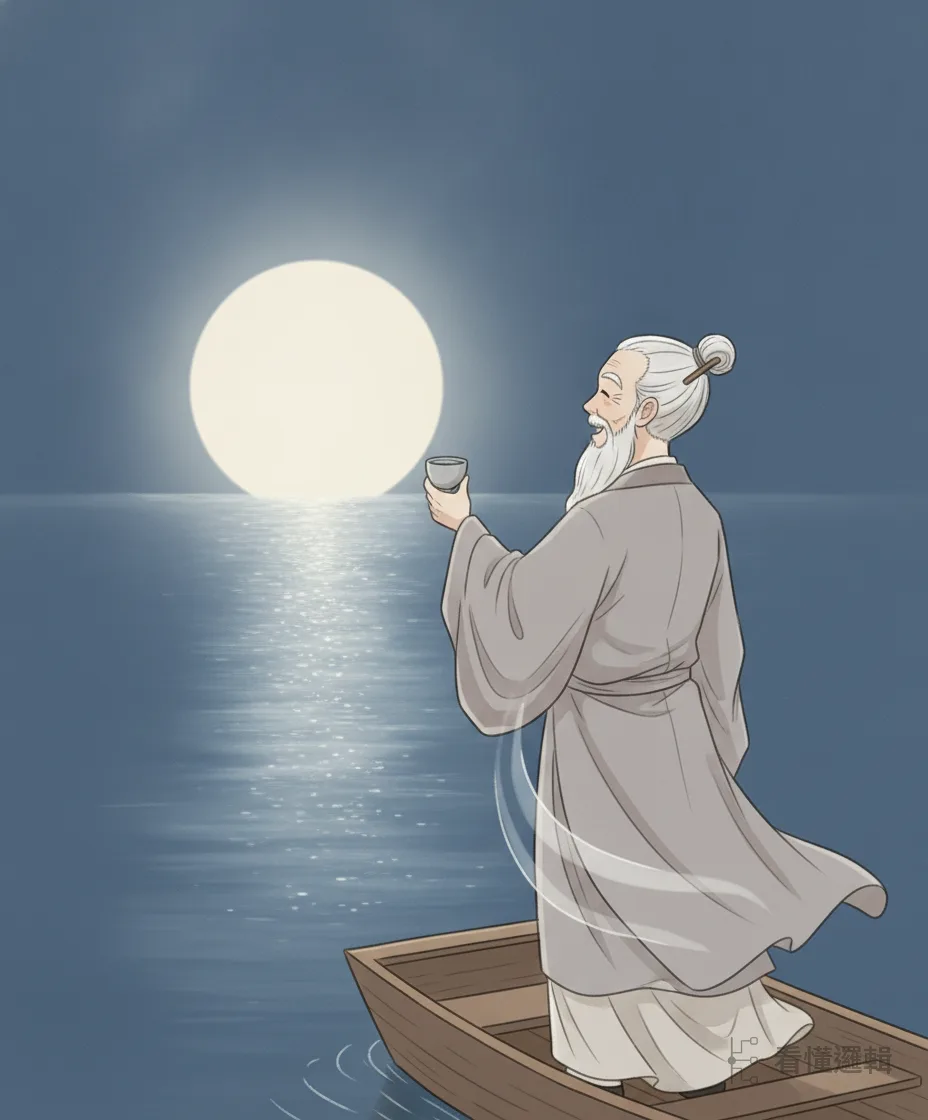 這一夜風恬浪靜，明月當空、圓滿如輪——正是「可行舟」的時刻。忽然天際樂聲隱隱，漸漸近了。
