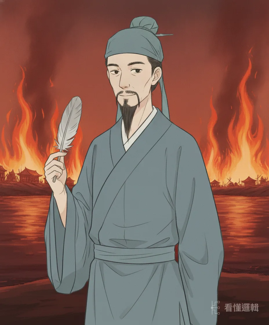 拖到蜀軍終於鬆懈，陸遜抓準時機下令火攻。江對岸的連營一夕之間烈焰沖天，火光把整條江都映紅了。