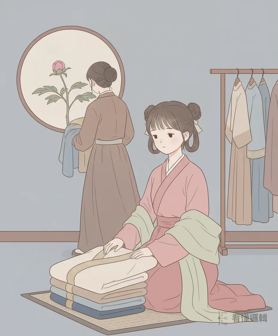 更衣處宮女輪班，她一連兩個月連天子的面都見不著。窗外的牡丹含著苞——就像她此刻的處境，還沒等到自己的季節。