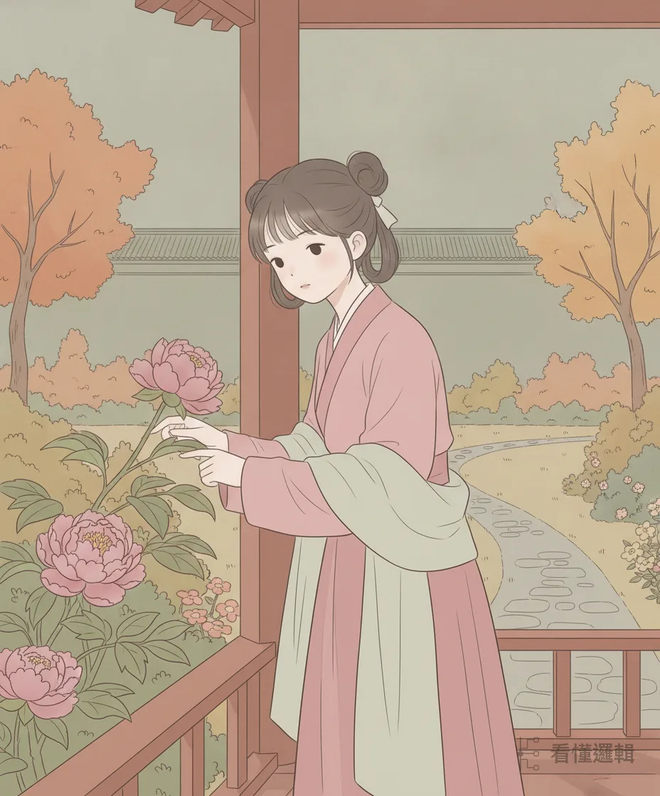 名為賞花，實為專寵——她在早秋亭日日伴駕。園裡的牡丹半開半含，她的時機也一樣，正在悄悄醞釀。
