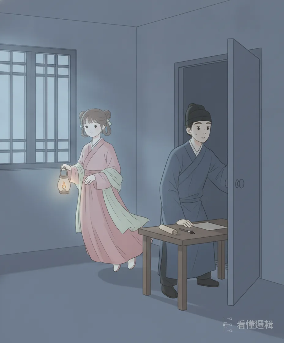 這夜三更，一名女子以借火點燈為由走進房來。她說自己是王行首早逝的養女一粒金，因看重朱文為人忠厚老實，魂魄特地現身傾訴心意。