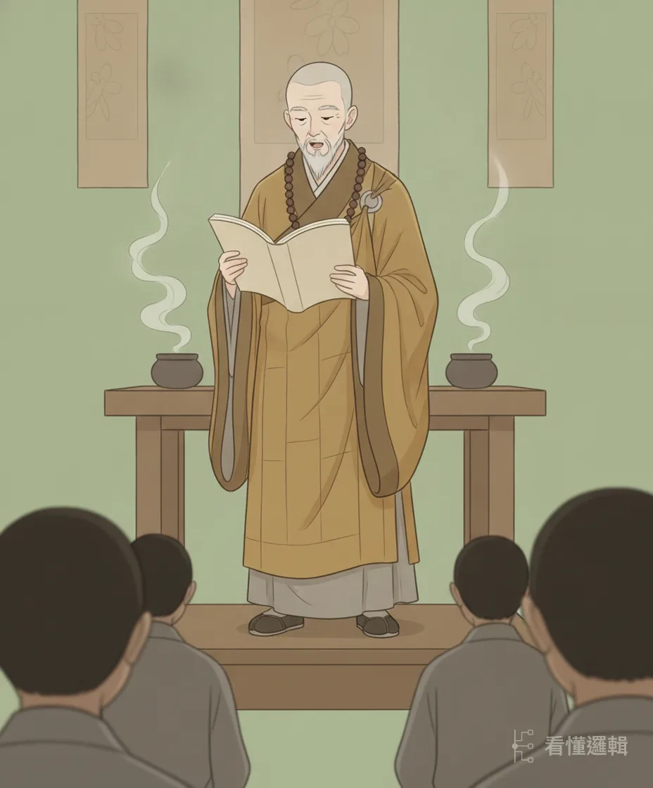 玄奘立在壇上開講佛經，台下信眾一個個俯身聆聽。他的學問與德行，就是在這一場場講經裡，慢慢被眾人記住的。