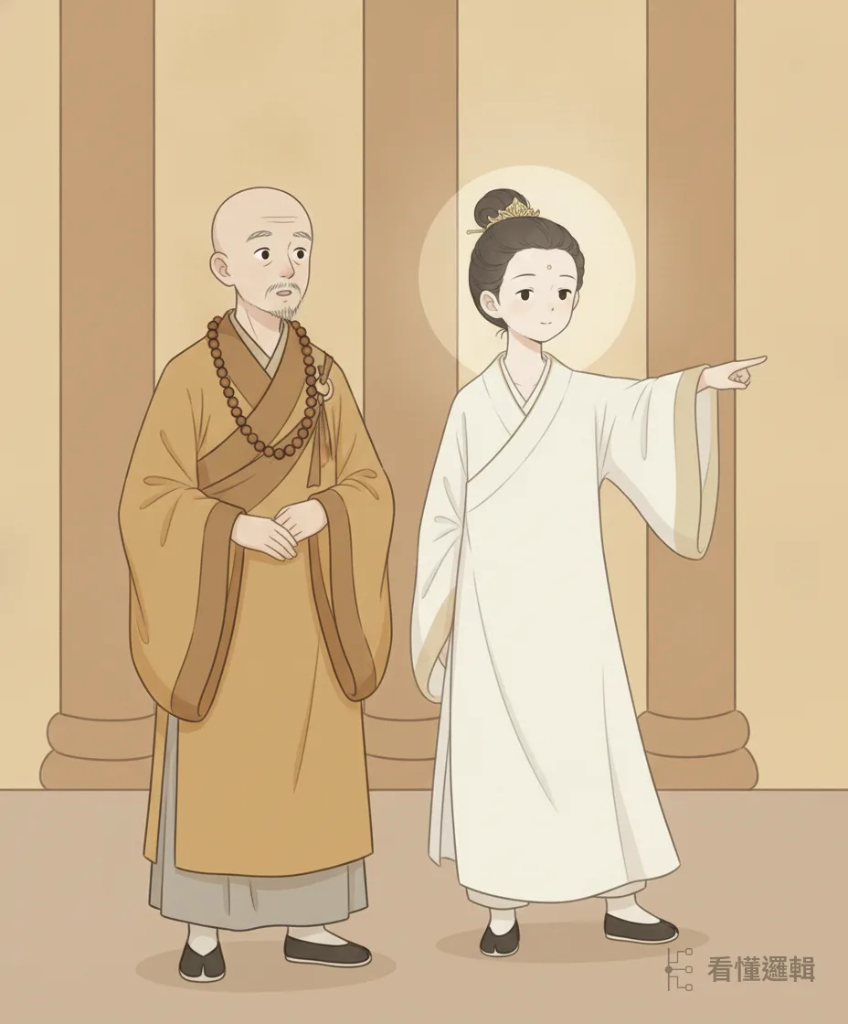講經途中，一位僧人上前點破：眼前這些經還不是最究竟的，真正的大乘佛法遠在西方天竺的大雷音寺。那僧人其實是菩薩化身——一句話，替玄奘指出了往後要走的方向。