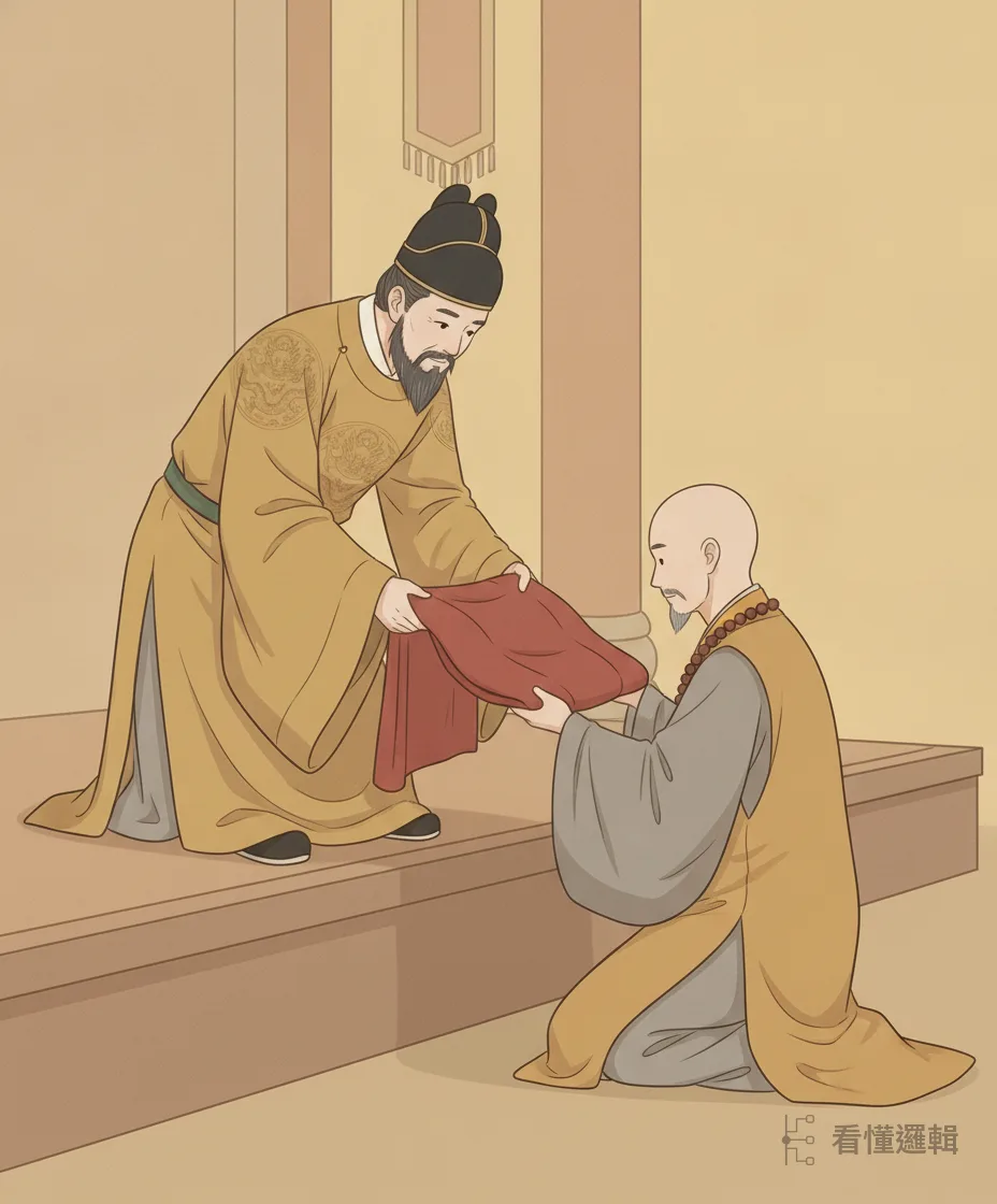 唐太宗深受震動，當場認玄奘為御弟聖僧，賜法號「三藏」，交付他向西取經的重任。前頭這條路雖遠，卻正是他非走不可、也擔得起的路。