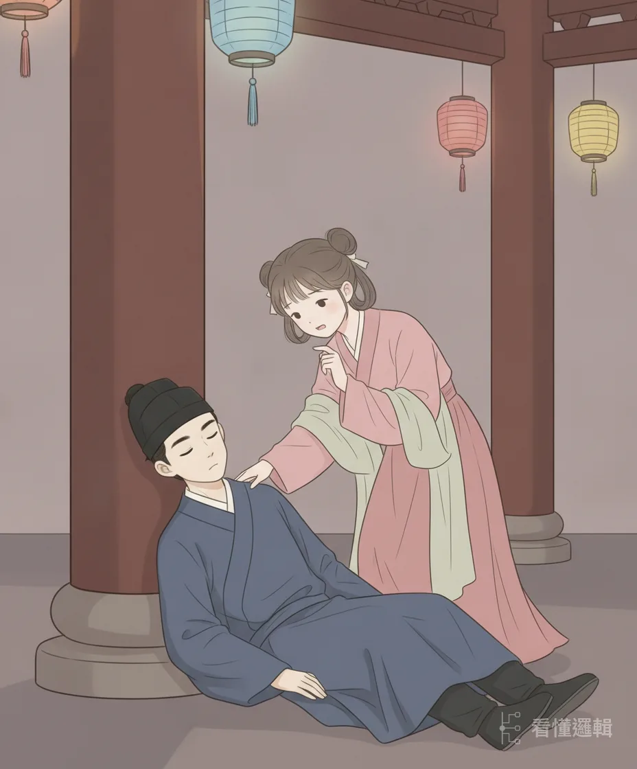 月英趕到時，怎麼喚也喚不醒他。夜色漸深，她又怕回家太晚被母親責備，只能站在燈影裡，急得不知如何是好。