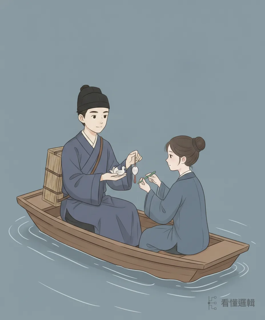 妙常急雇小舟追到江心，取下玉簪相贈；潘必正解下白玉鴛鴦扇墜回贈——心一旦定了，別離也擋不住後頭的好音。
