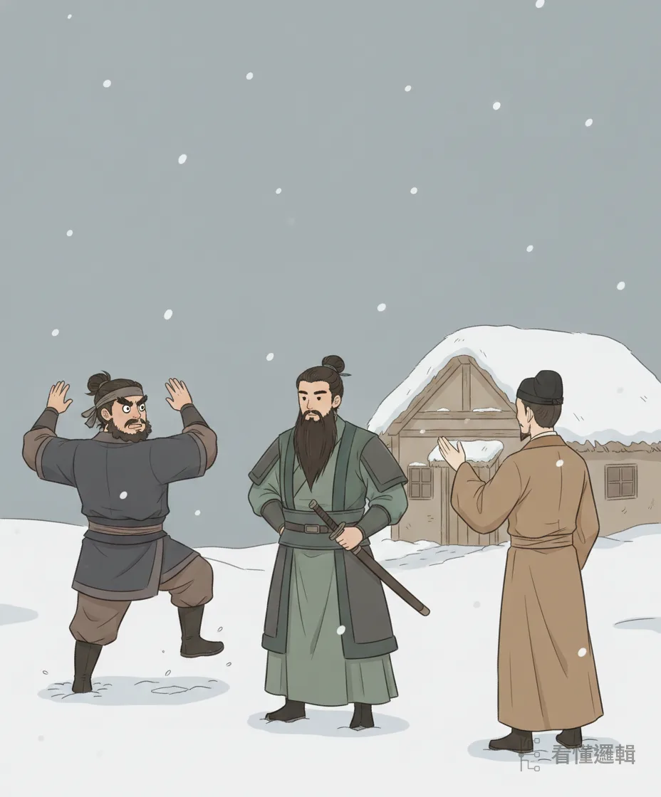 隆冬再訪，依舊撲空。張飛口出怨言，覺得一介村夫不值得如此周折；劉備卻不因旁人的話而動搖。風雲靜處，龍尚未起。