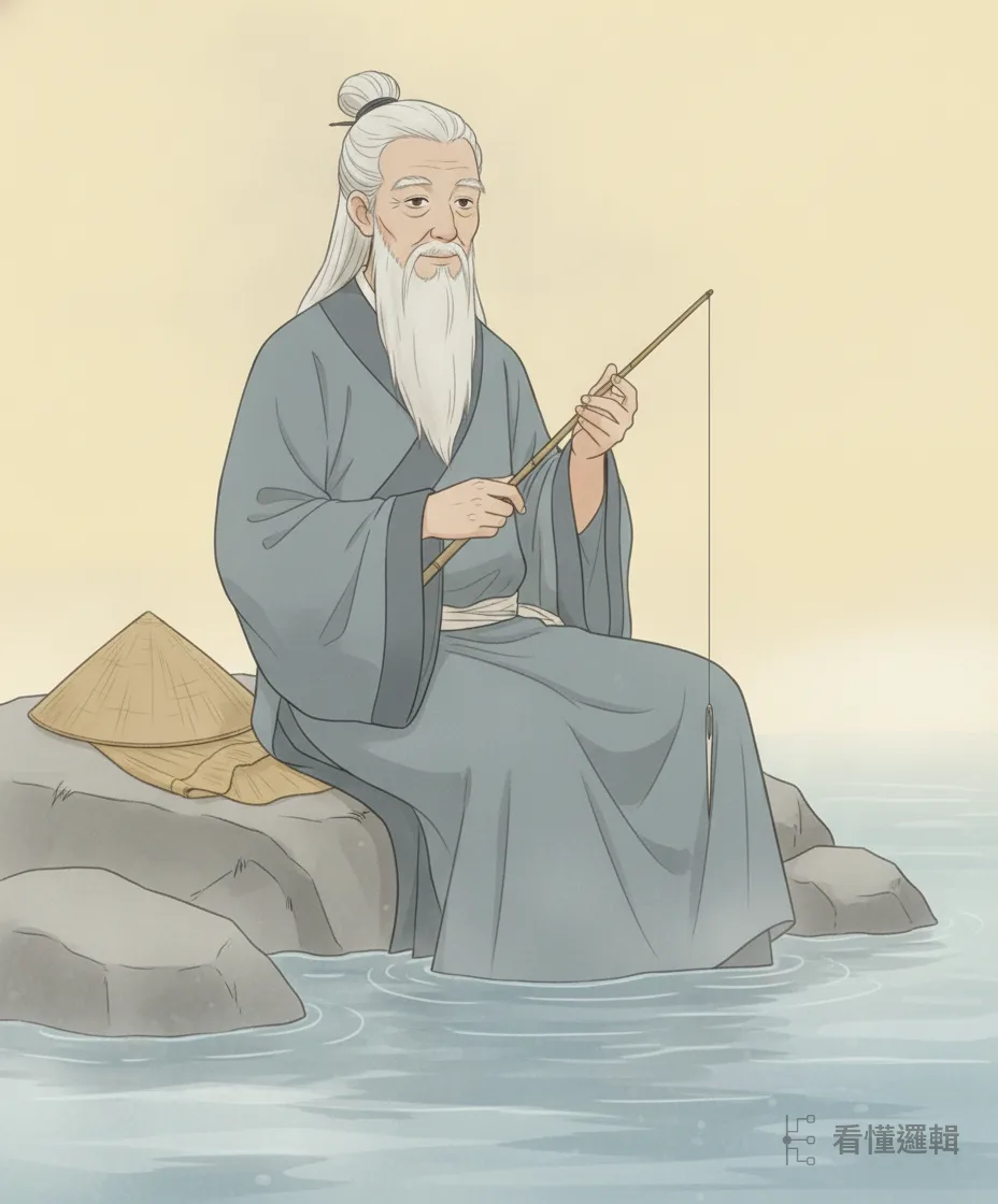 別人用彎鉤釣魚，他偏用直鉤，離水三寸——「願者上鉤」。心裡不急，只把日子過穩，靜靜守著那個還沒出現的機緣。