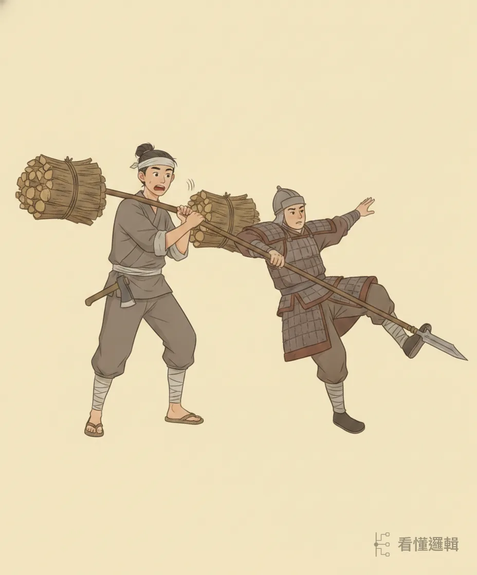 誰知挑柴進城時，扁擔一頭失了平衡猛地盪開，竟撞倒了守門的兵卒，闖下大禍。一時的閃失，把平順的日子推進了難關。