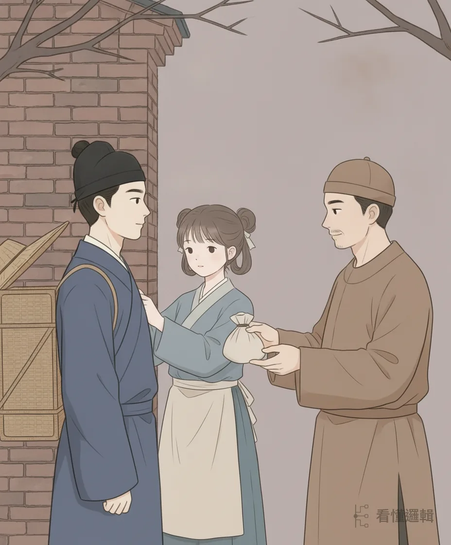劫後餘生，月娥為丈夫整好書篋，友人也趕來資助盤纏。眾人勸他：與其困守，不如進京應試，搏一個翻身的機會。
