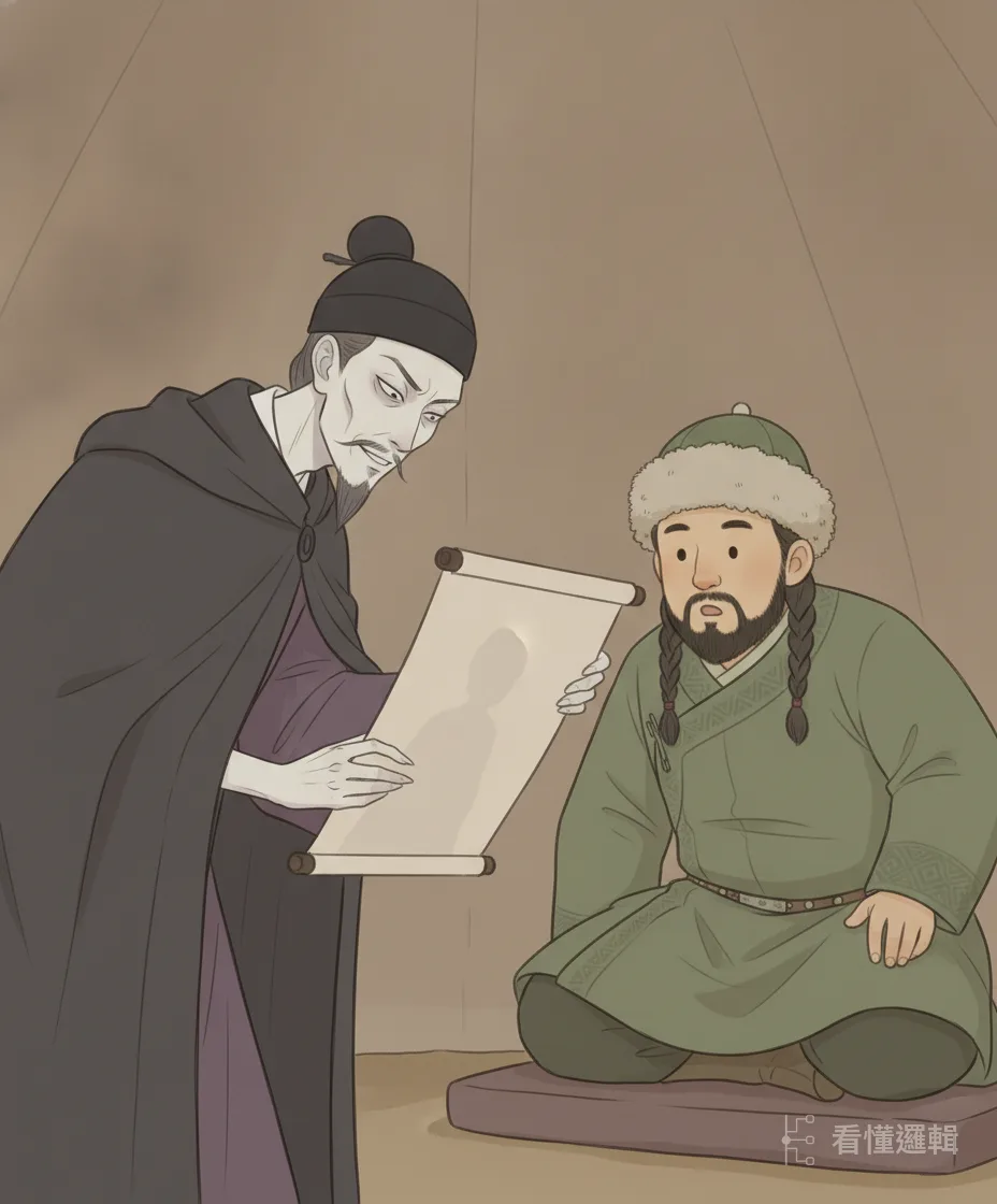 毛延壽連夜逃出漢宮投奔番邦，把昭君的畫像獻給番王；番王見圖傾心，指名要娶昭君為妻。