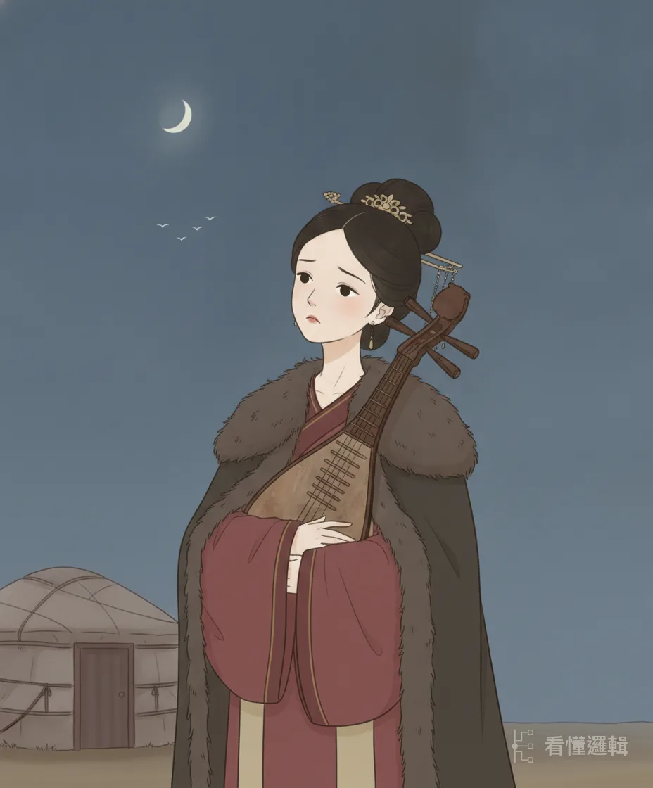 昭君到番邦後，始終不肯順從成親、一再拖延。夜深時她抱著舊琵琶望向南方——守住自己的心，等一個交代。