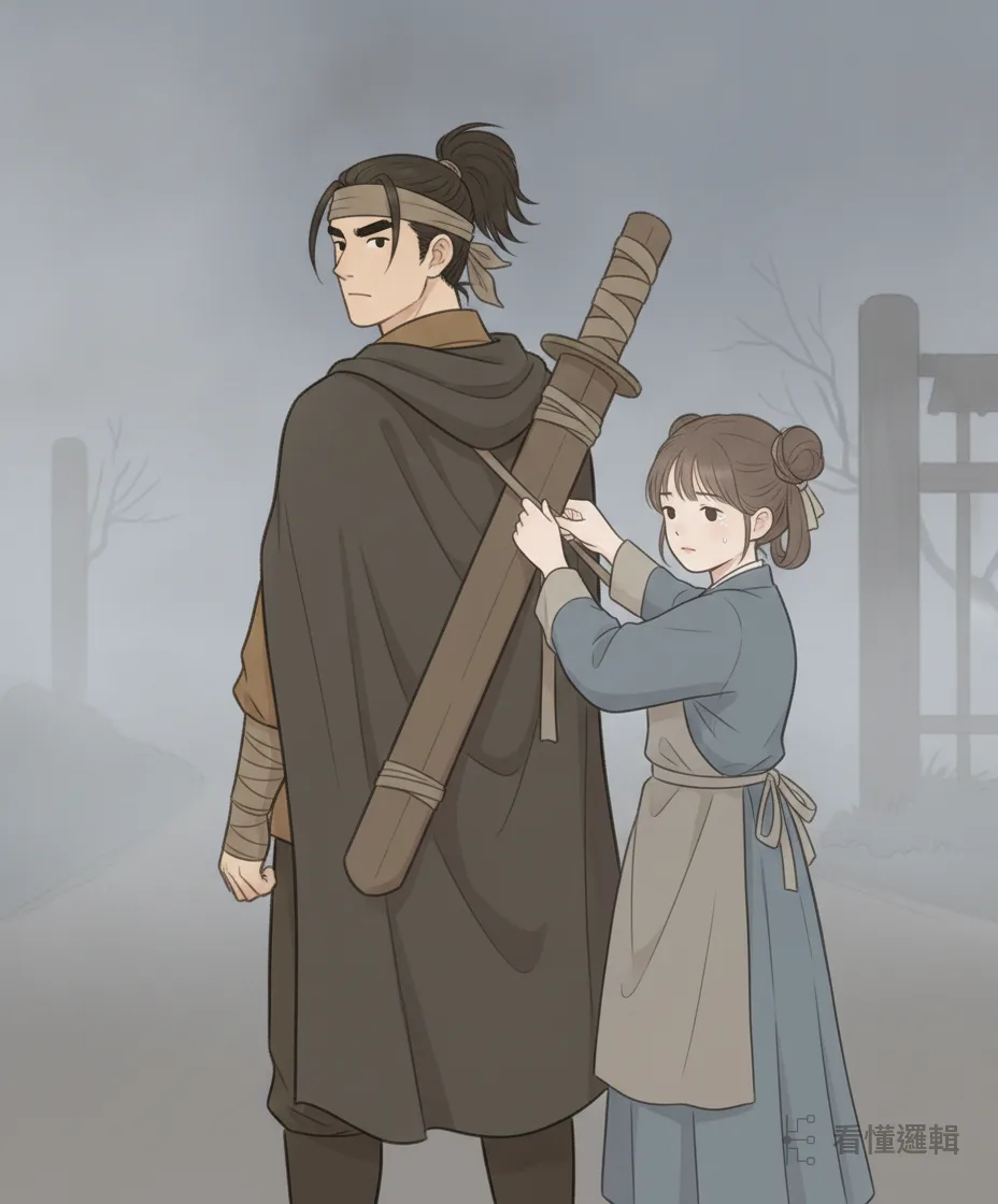 三娘看出兄嫂容不下丈夫，忍著淚勸他遠赴邠州投軍，另尋出路。臨別時她替他繫緊行囊——這一別，就是十五年。