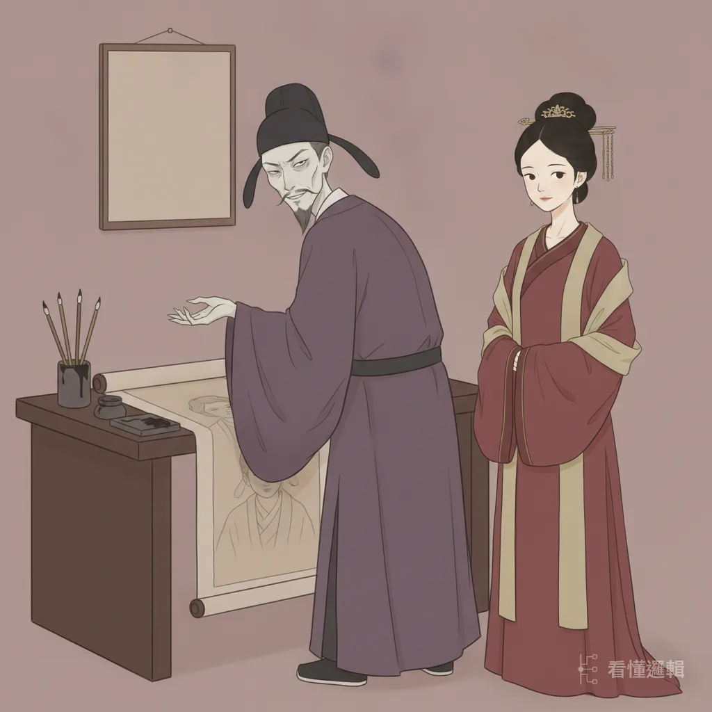西漢王昭君被選入宮。畫師毛延壽替妃嬪畫像呈給皇帝，暗地裡向她索討打點的錢財；昭君自恃才貌，不肯行賄。