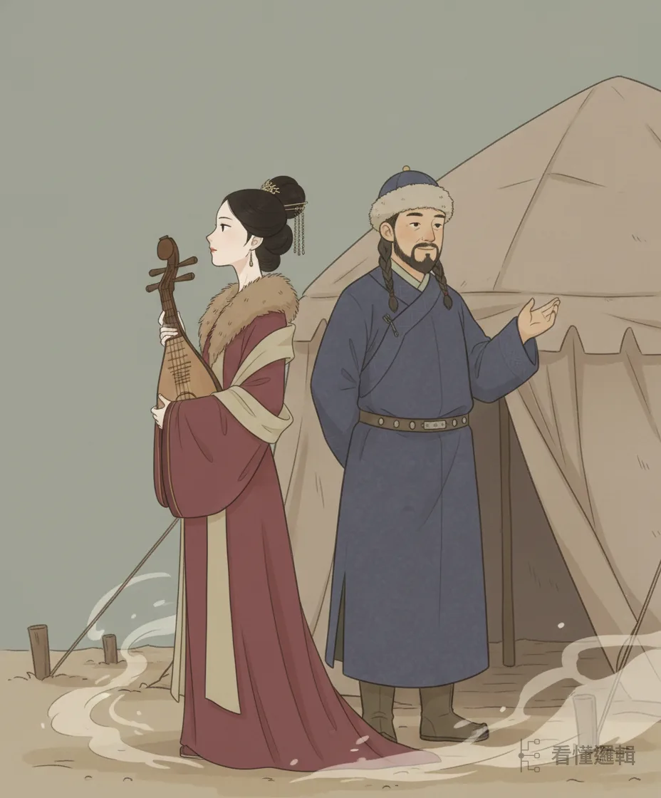 她心性剛烈，既不甘受辱，也不願因一己之身牽動兩國干戈，於是一再推遲成親的日子。心裡明明有想走的方向，處境卻由不得自己——這正是『心中意欲前途去』的兩難。