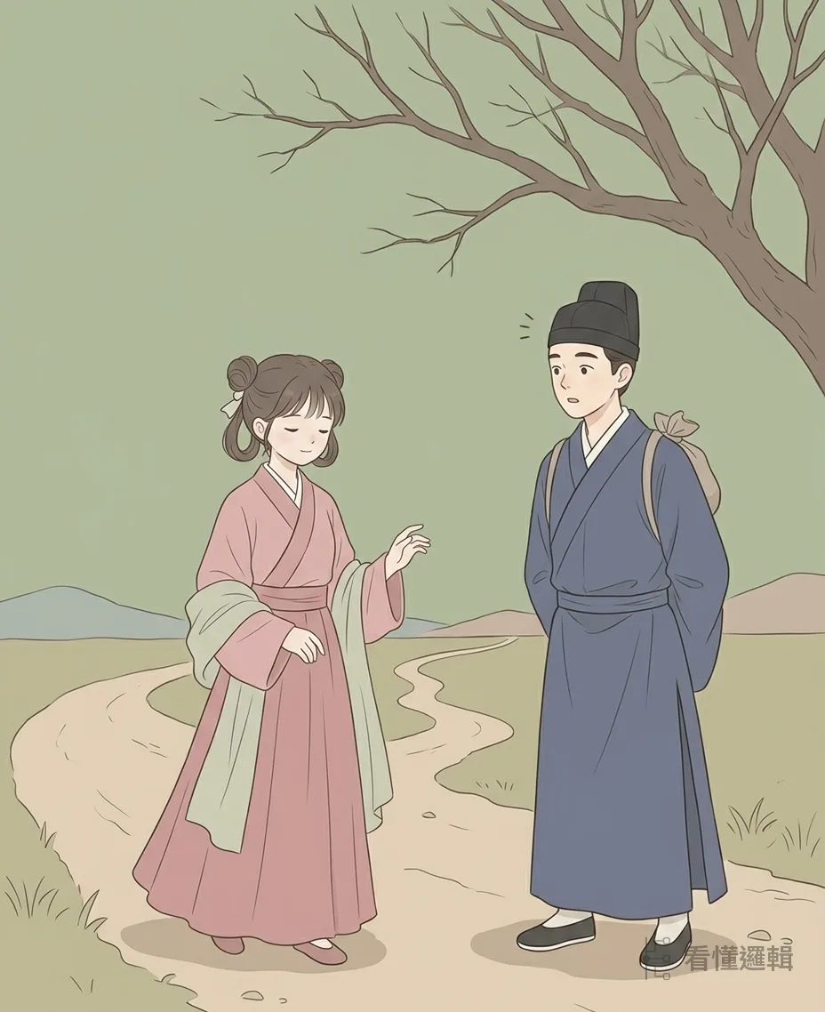 三年守喪期滿，董永動身赴約。半路上遇見一位願意嫁他的女子，兩人便結伴同行——君子小人途中相會，他偏偏遇上了成全他的人。
