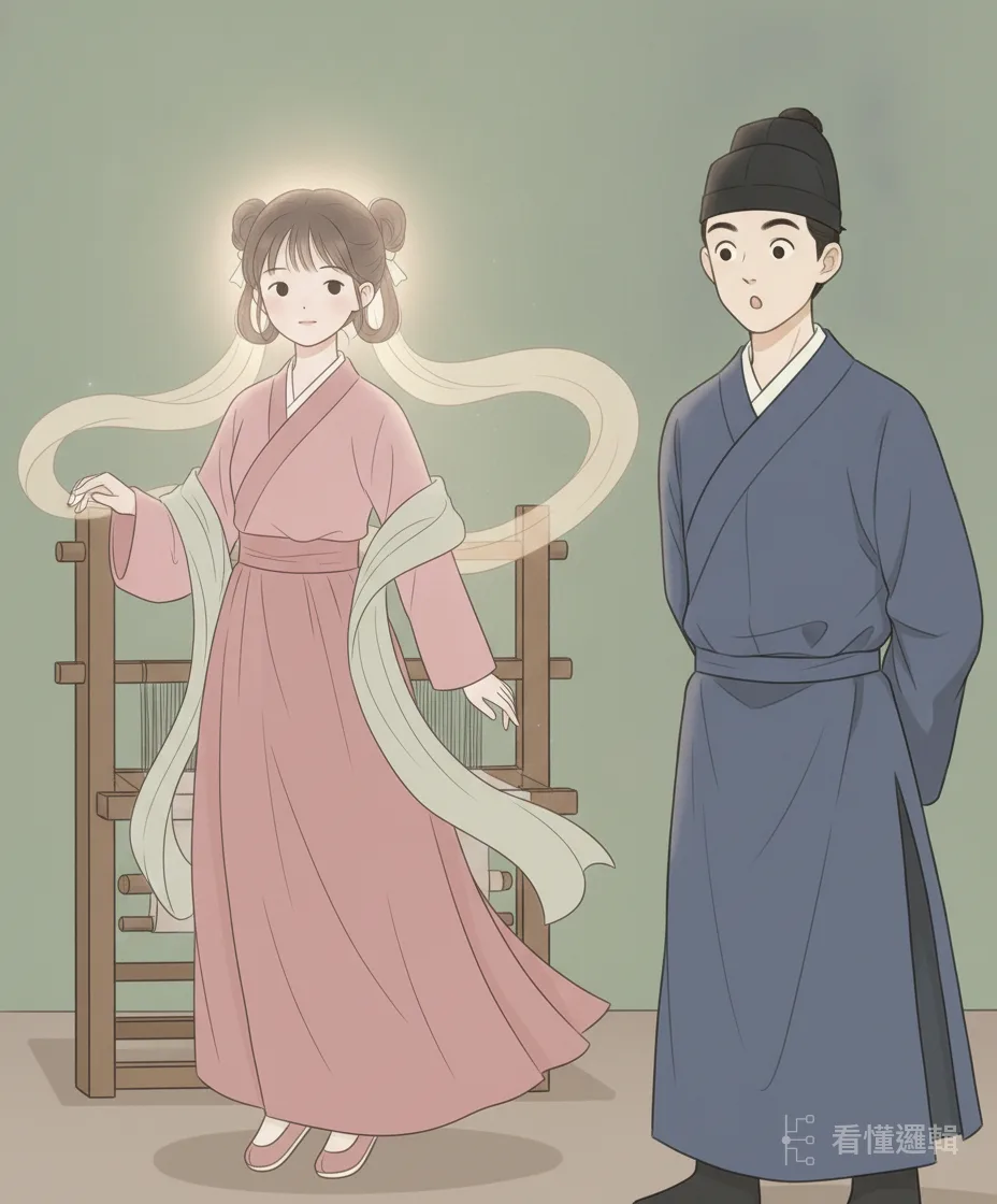 她這才向董永道明：自己本是天上的織女，因見他侍父至孝、心地厚道，才奉命下凡前來相助。