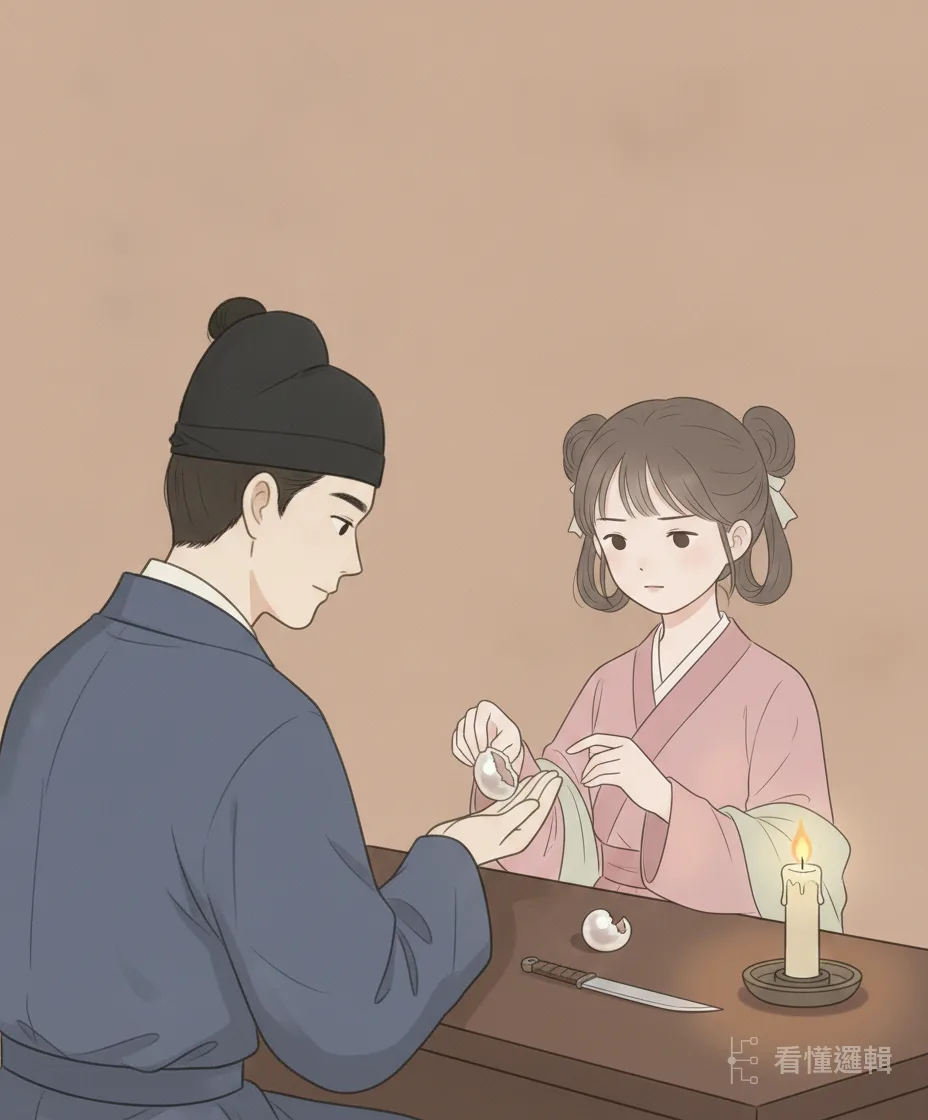 上京赴試前夕，玉真取出一顆珍珠剖成兩半，夫妻各執一半——日後不論相隔多遠，憑珠就能認出彼此。