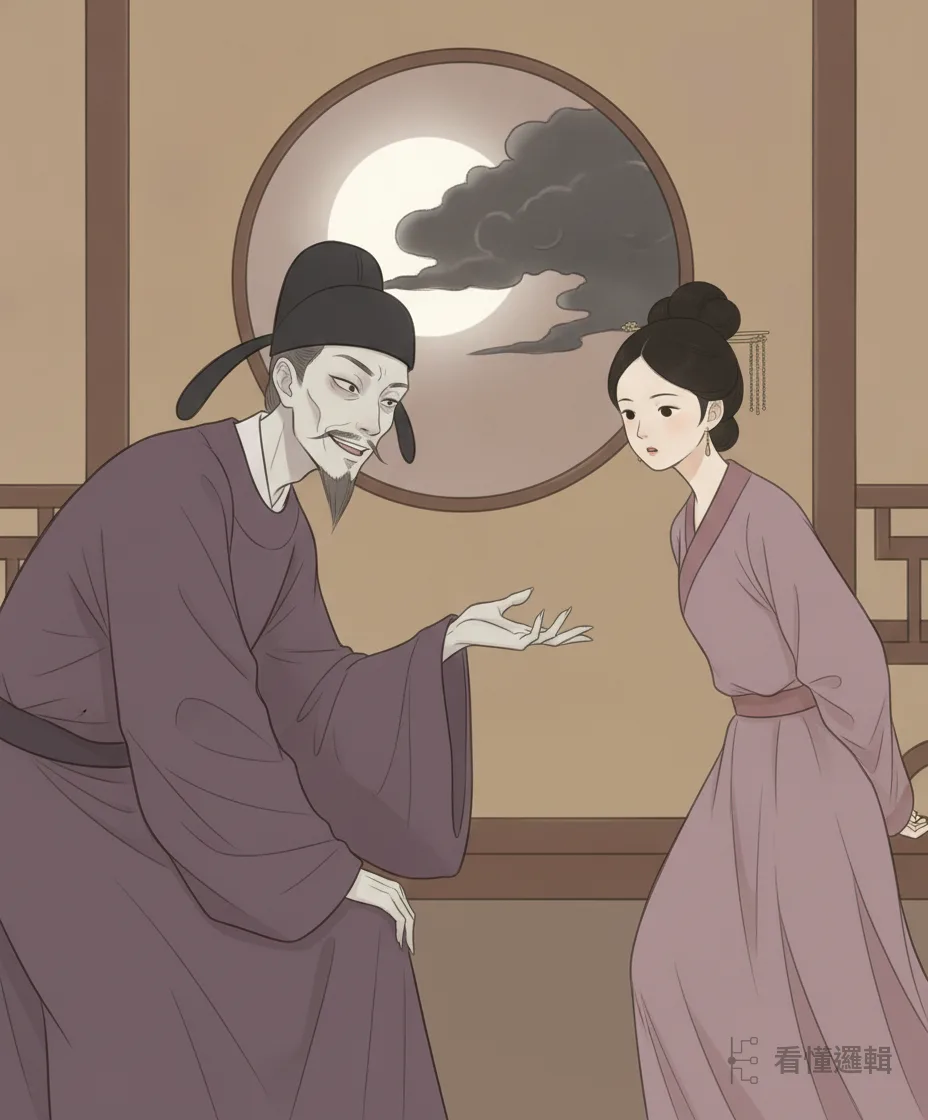 毛延壽開口，要昭君拿出百兩黃金換一幅好畫像。話一出口，昭君頭頂那輪月，剛好被一片烏雲遮住。