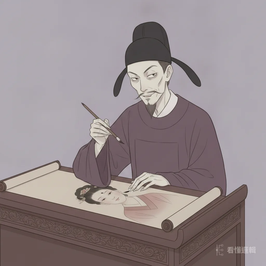 懷恨的毛延壽，在呈給皇帝的美人圖上，悄悄替昭君點了一處破綻。她就這樣入了宮，卻年復一年，等不到召見。