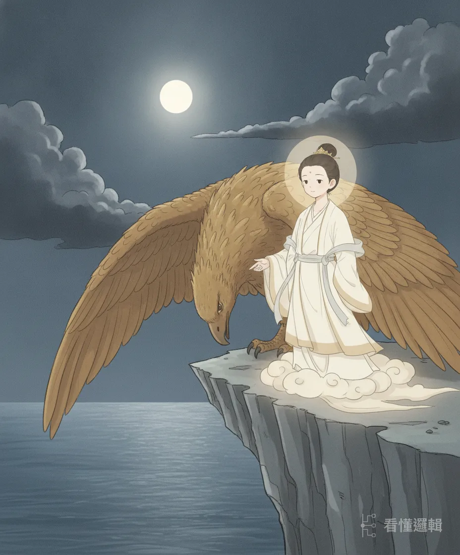 大鵬鳥逃至普陀山，終被觀音收服。亂局落幕，真假立判——如雲開月出，光照天下。
