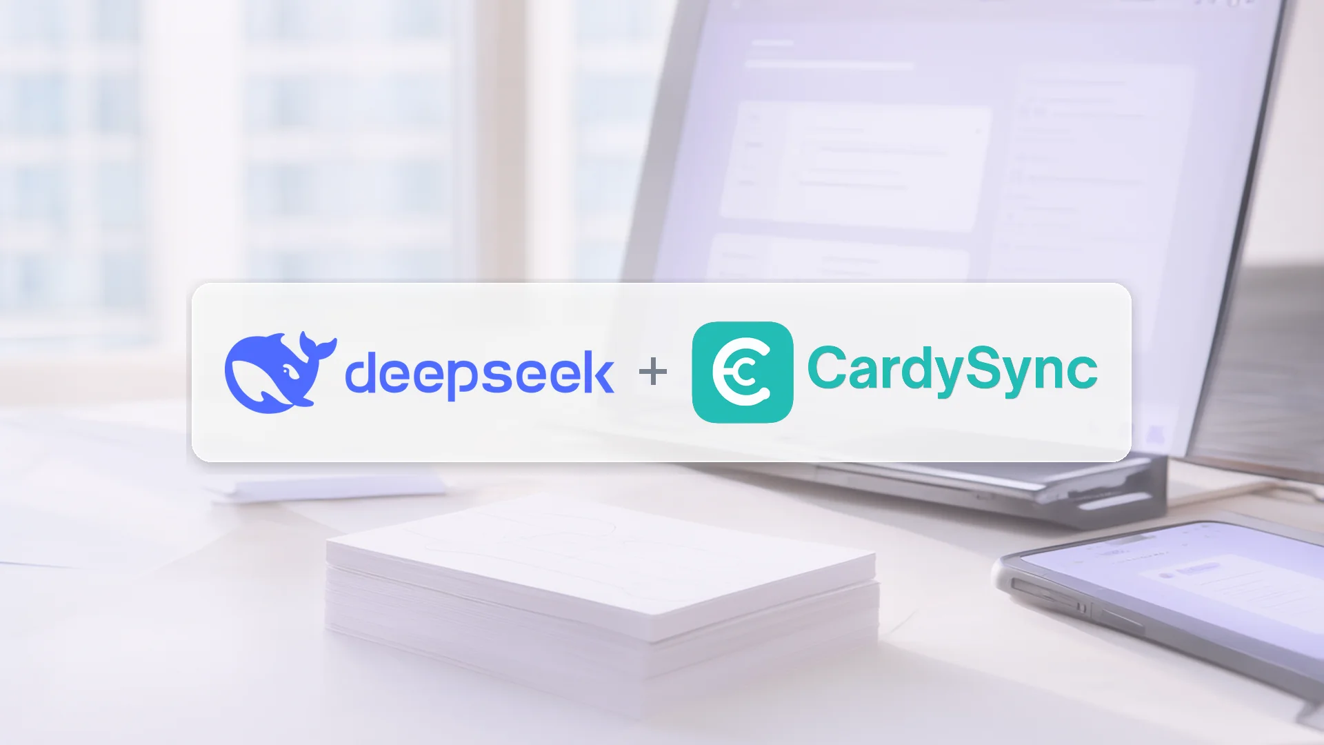 日間辦公枱上手機掃描名片,DeepSeek 與 CardySync 標誌