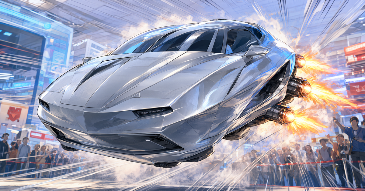 漫畫風銀色跑車半空轉身,展會攤位燈光,無文字無品牌標誌