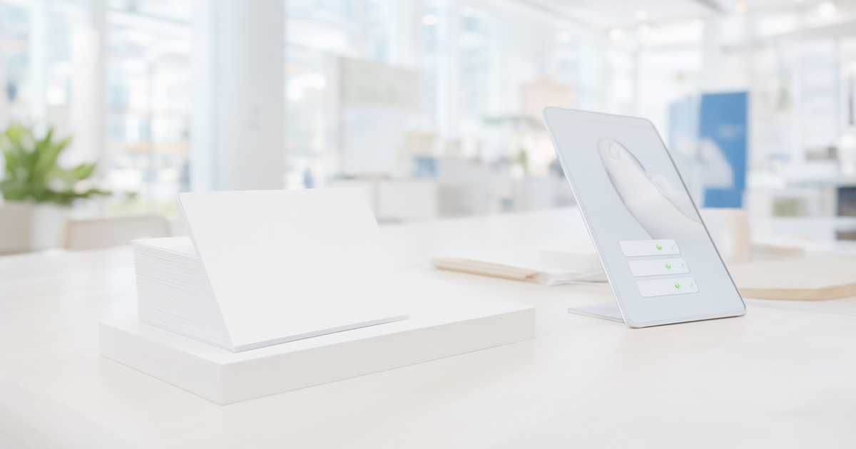 Blank paper business cards and a tablet with checklist fields on a bright desk—no readable text