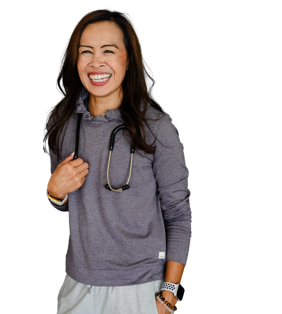 Dr. Angela Tran, DO, smiling, with a stethoscope over her shoulder